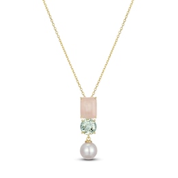 Rectangle-Cut Natural Rose Quartz, Round-Cut Natural Green Quartz & Cultured Pearl Necklace 14K Yellow Gold 18"