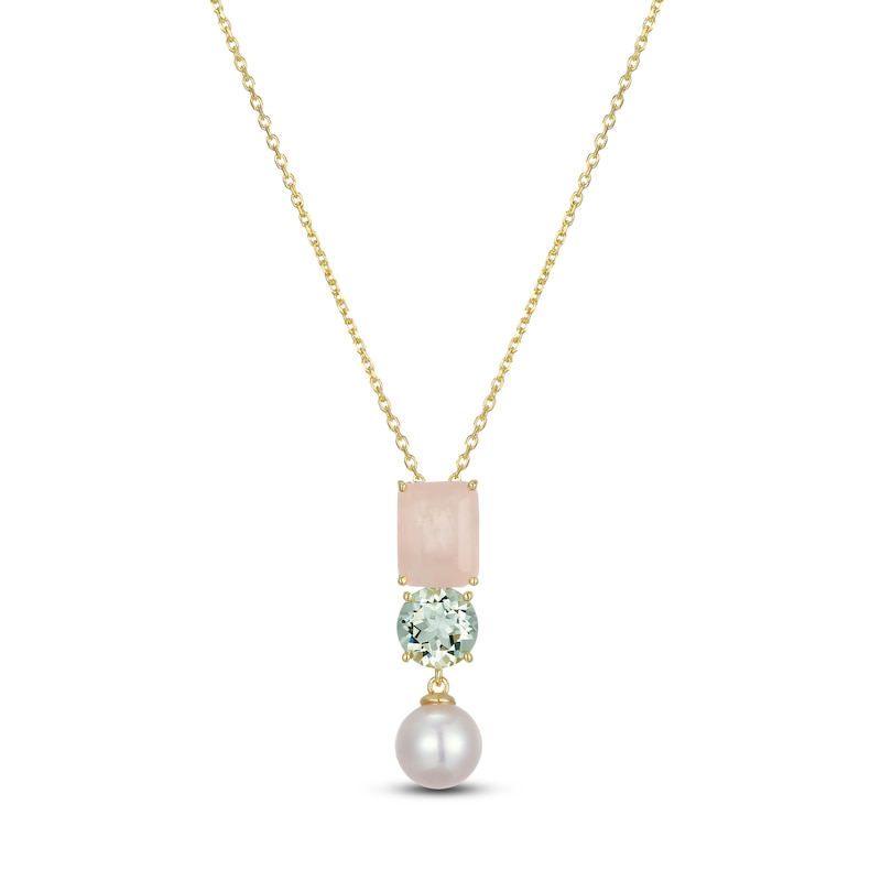 Main Image 1 of Rectangle-Cut Natural Rose Quartz, Round-Cut Natural Green Quartz & Cultured Pearl Necklace 14K Yellow Gold 18"