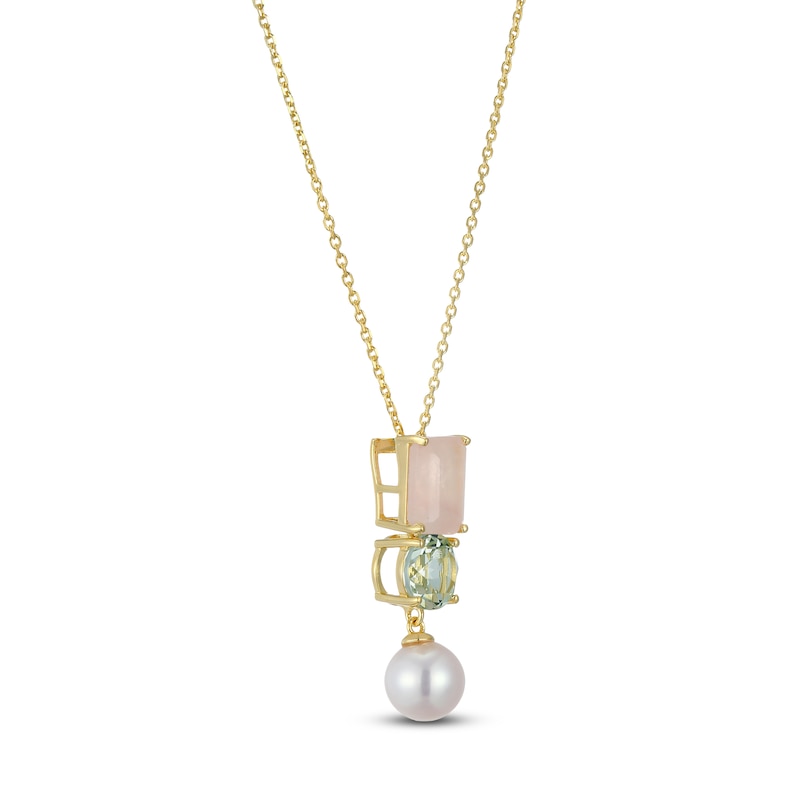 Main Image 2 of Rectangle-Cut Natural Rose Quartz, Round-Cut Natural Green Quartz & Cultured Pearl Necklace 14K Yellow Gold 18"