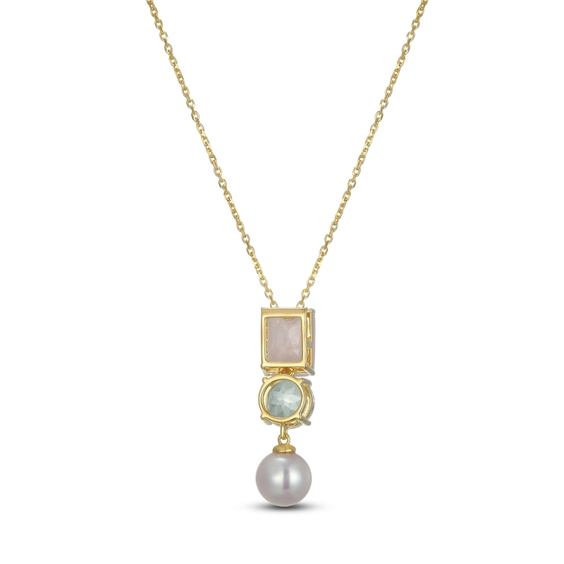 Main Image 4 of Rectangle-Cut Natural Rose Quartz, Round-Cut Natural Green Quartz & Cultured Pearl Necklace 14K Yellow Gold 18"