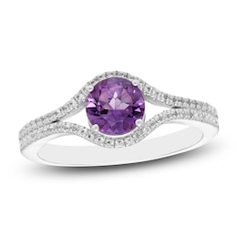 Natural Amethyst & White Lab-Created Sapphire Split Shank Ring Sterling Silver