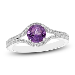 Natural Amethyst & White Lab-Created Sapphire Split Shank Ring Sterling Silver