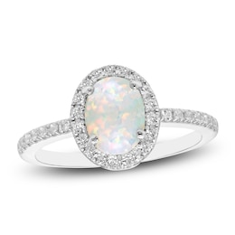 Oval-Cut Lab-Created Opal & White Lab-Created Sapphire Halo Ring Sterling Silver