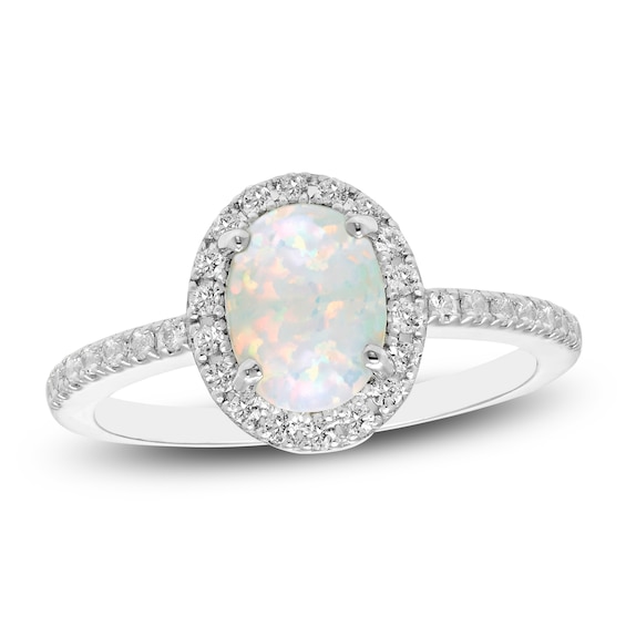 Oval-Cut Lab-Created Opal & White Lab-Created Sapphire Halo Ring Sterling Silver
