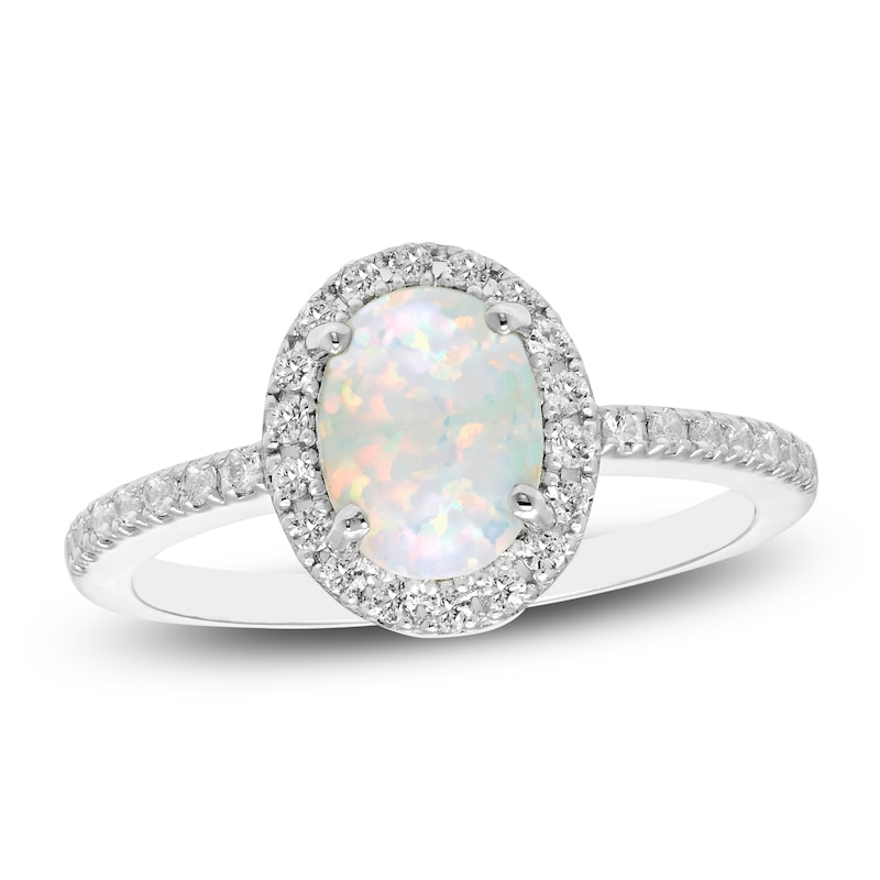Main Image 1 of Oval-Cut Lab-Created Opal & White Lab-Created Sapphire Halo Ring Sterling Silver