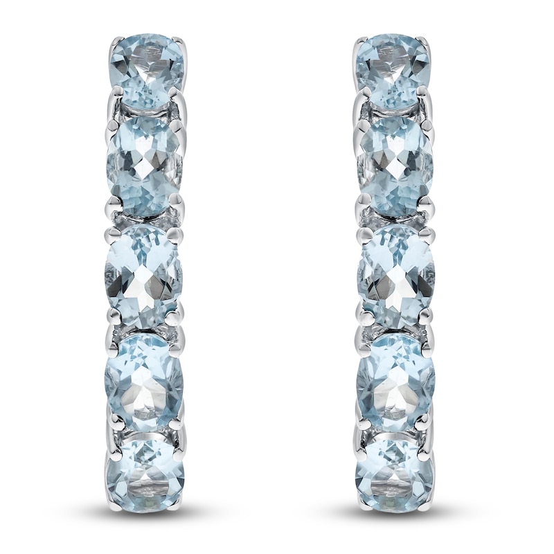 Main Image 2 of Oval-Cut Natural Aquamarine Hoop Earrings Sterling Silver