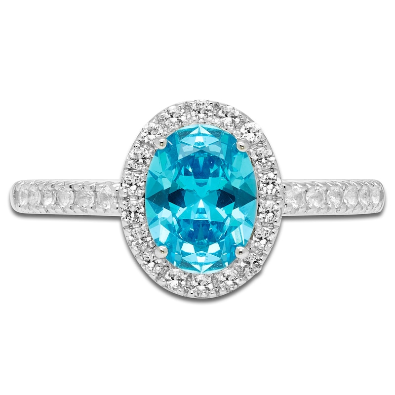 Main Image 3 of Oval-Cut Natural Swiss Blue Topaz & White Lab-Created Sapphire Halo Ring Sterling Silver