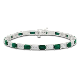 Rectangle-Cut Lab-Created Emerald & White Lab-Created Sapphire Bracelet Sterling Silver 7.25"
