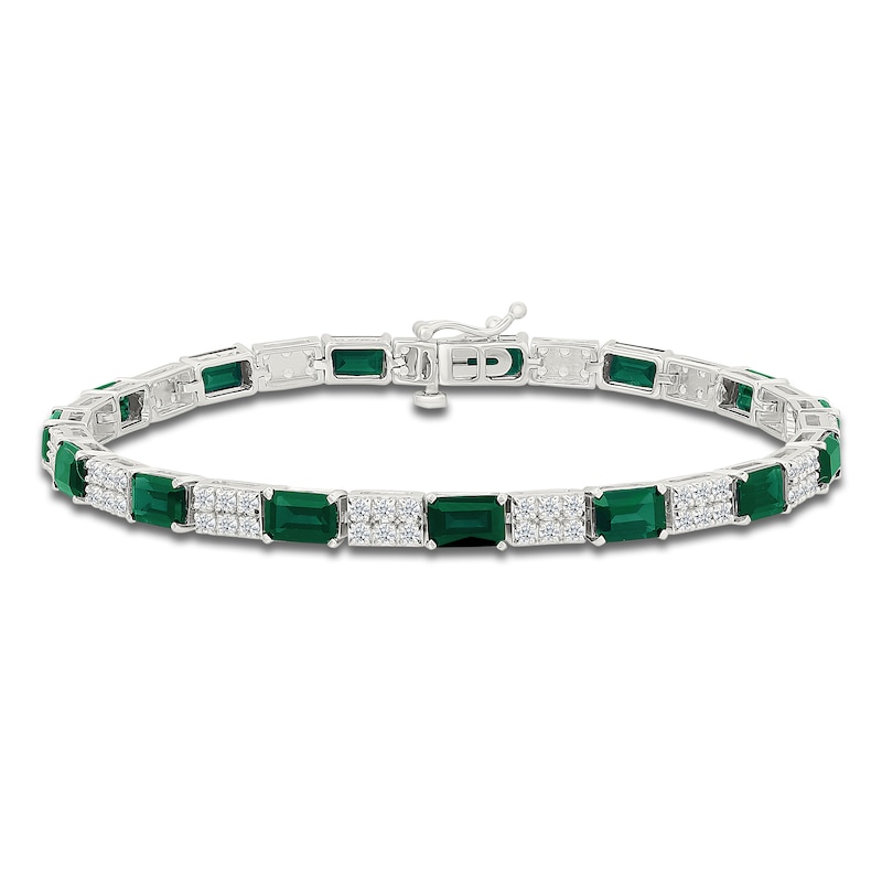 Main Image 1 of Rectangle-Cut Lab-Created Emerald & White Lab-Created Sapphire Bracelet Sterling Silver 7.25"