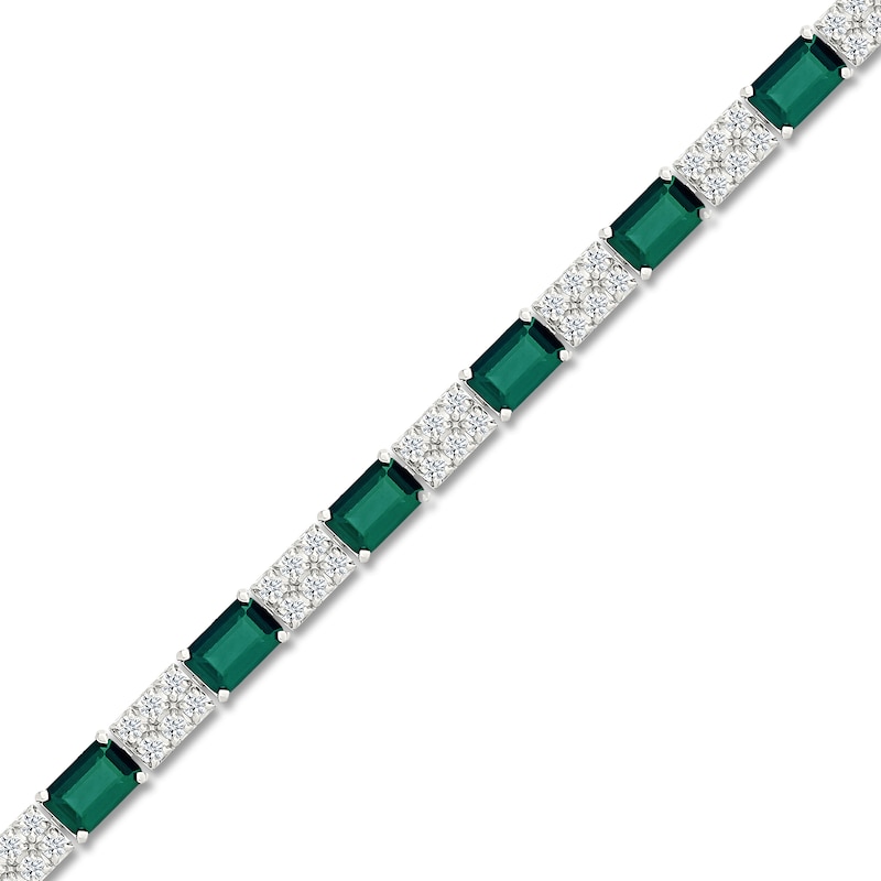 Main Image 2 of Rectangle-Cut Lab-Created Emerald & White Lab-Created Sapphire Bracelet Sterling Silver 7.25"