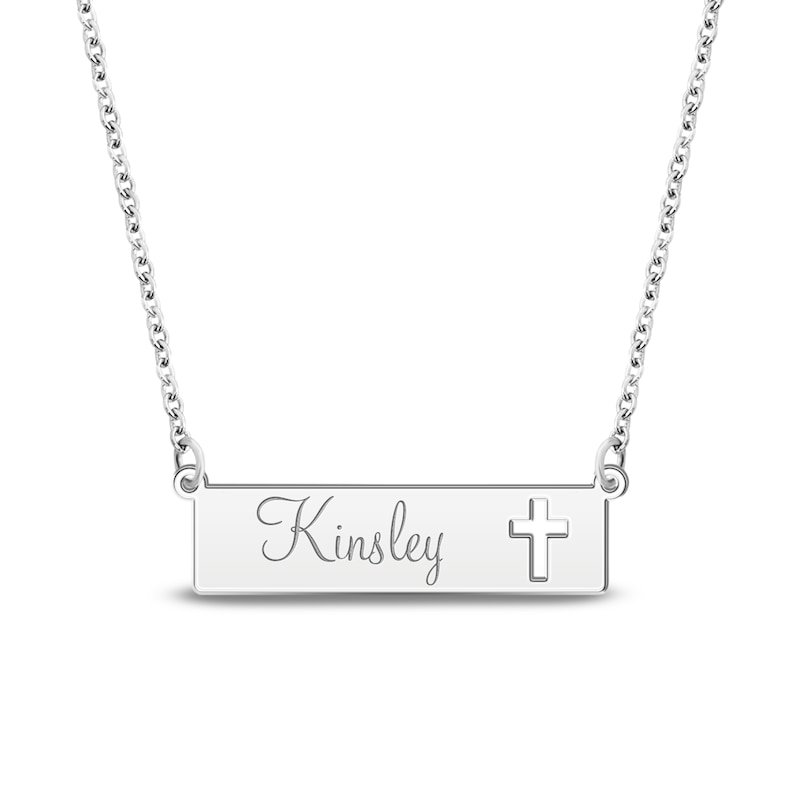 Main Image 1 of Engravable Name Bar Necklace with Cross Cutout 14K White Gold 18"