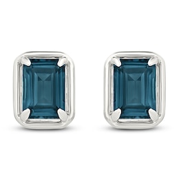 Rectangle-Cut Natural London Blue Topaz Stud Earrings 10K White Gold