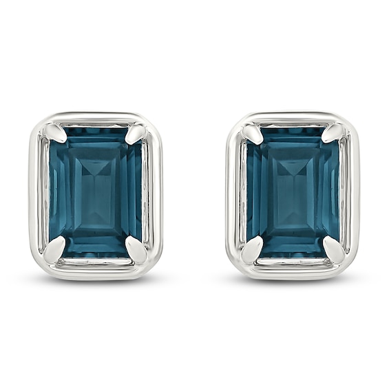Rectangle-Cut Natural London Blue Topaz Stud Earrings 10K White Gold