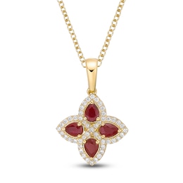 Pear-Shaped Natural Ruby & Diamond Clover Necklace 1/5 ct tw 10K Yellow Gold 18"