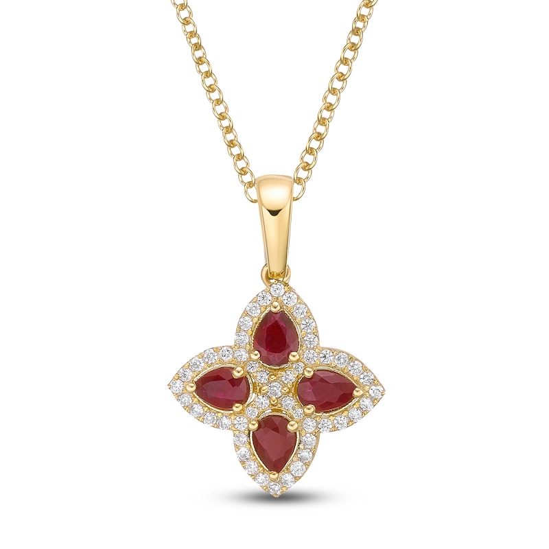 Main Image 1 of Pear-Shaped Natural Ruby & Diamond Clover Necklace 1/5 ct tw 10K Yellow Gold 18"