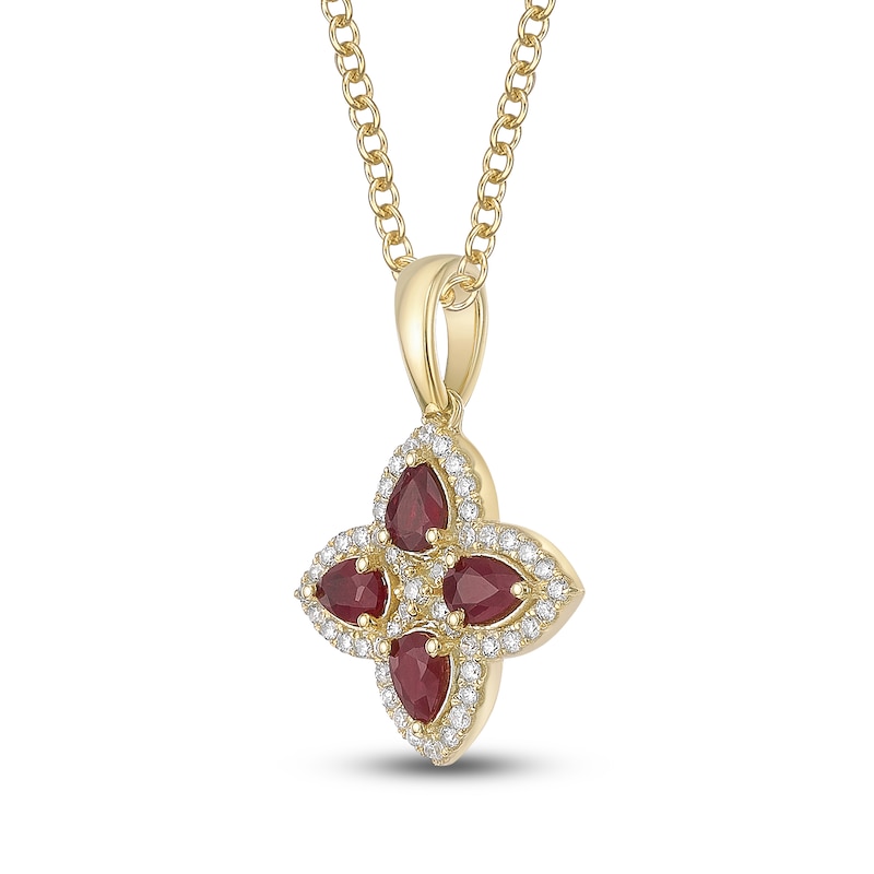 Main Image 2 of Pear-Shaped Natural Ruby & Diamond Clover Necklace 1/5 ct tw 10K Yellow Gold 18"