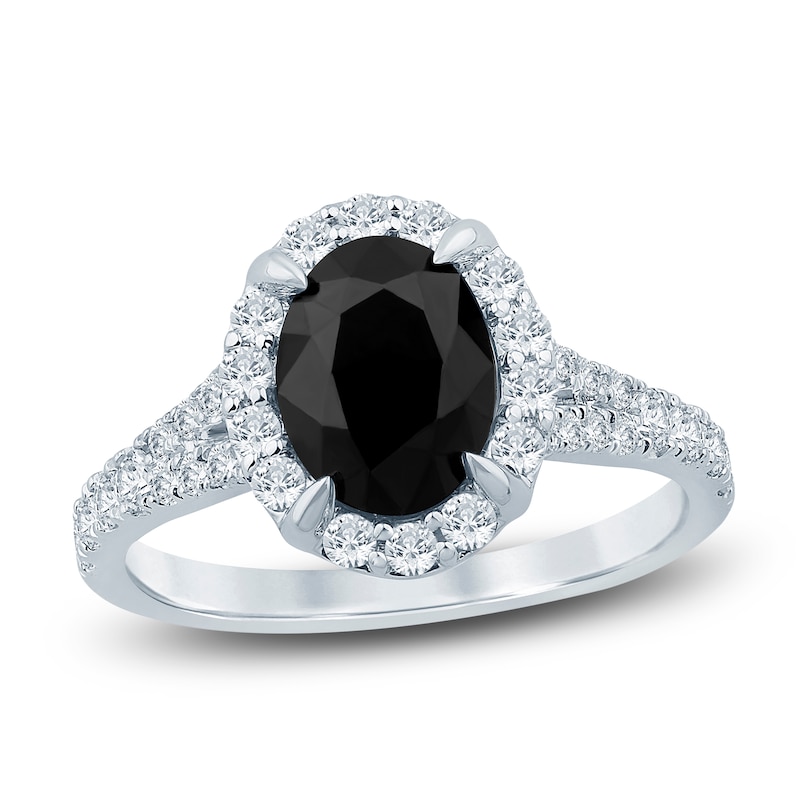 Main Image 1 of Brilliant Moments Oval-Cut Black Diamond & White Diamond Halo Engagement Ring 2-5/8 ct tw 14K White Gold