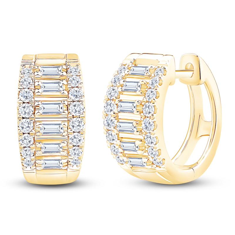Main Image 2 of Baguette & Round-Cut Diamond Hoop Earrings 1/2 ct tw 10K Yellow Gold