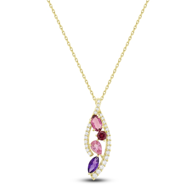 Main Image 1 of Natural Pink Tourmaline, Rhodolite Garnet, Amethyst, Pink Sapphire & Diamond Necklace 1/3 ct tw 14K Yellow Gold 18"
