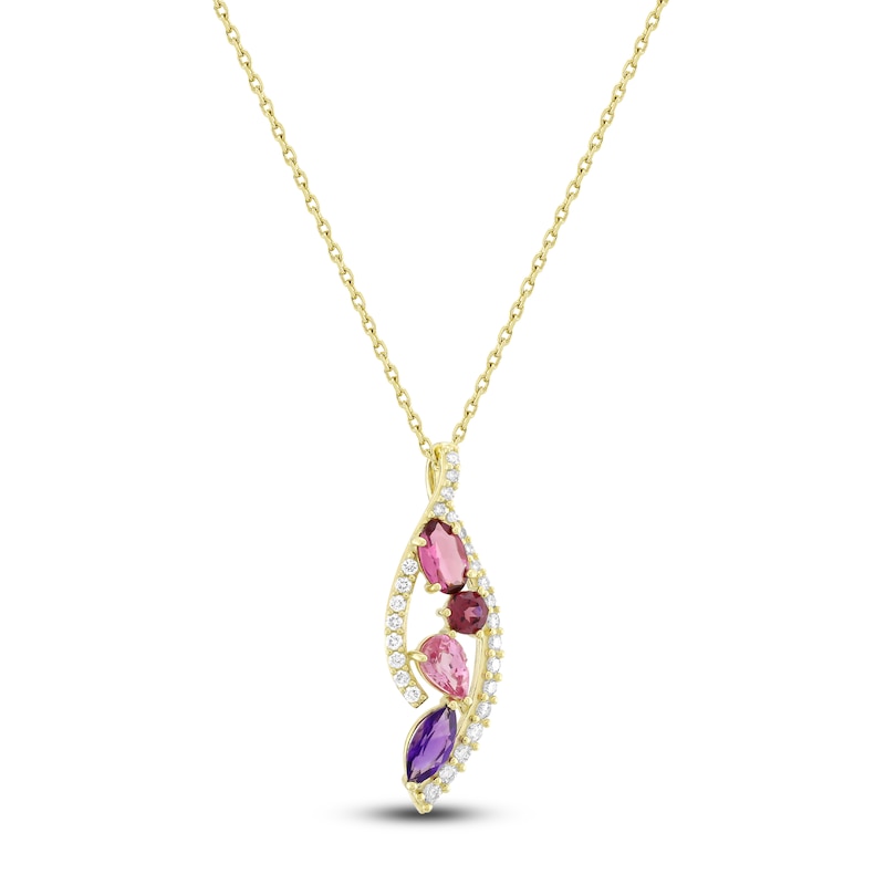 Main Image 2 of Natural Pink Tourmaline, Rhodolite Garnet, Amethyst, Pink Sapphire & Diamond Necklace 1/3 ct tw 14K Yellow Gold 18"