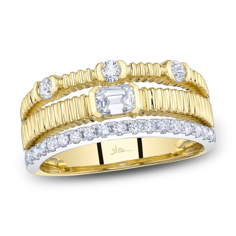 Main Image 1 of Shy Creation Emerald & Round-Cut Diamond Three-Row Ring 5/8 ct tw 14K Two-Tone Gold SC22009738