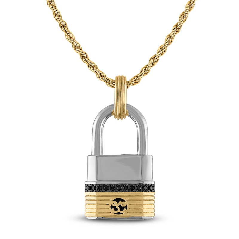 Main Image 1 of 1933 by Esquire Men's Black Diamond Padlock Necklace 1/5 ct tw Sterling Silver & 14K Yellow Gold Plating 22"