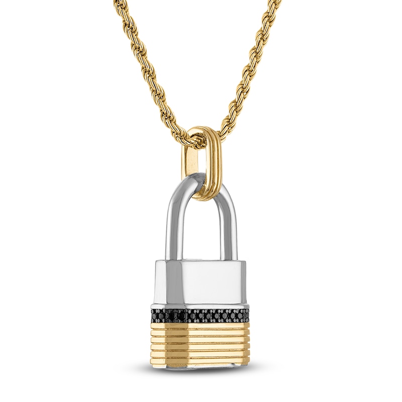 Main Image 3 of 1933 by Esquire Men's Black Diamond Padlock Necklace 1/5 ct tw Sterling Silver & 14K Yellow Gold Plating 22"