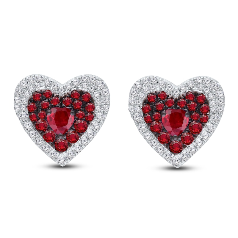 Main Image 1 of Kallati Heart-Shaped Natural Ruby & Diamond Earrings 1/3 ct tw 14K White Gold