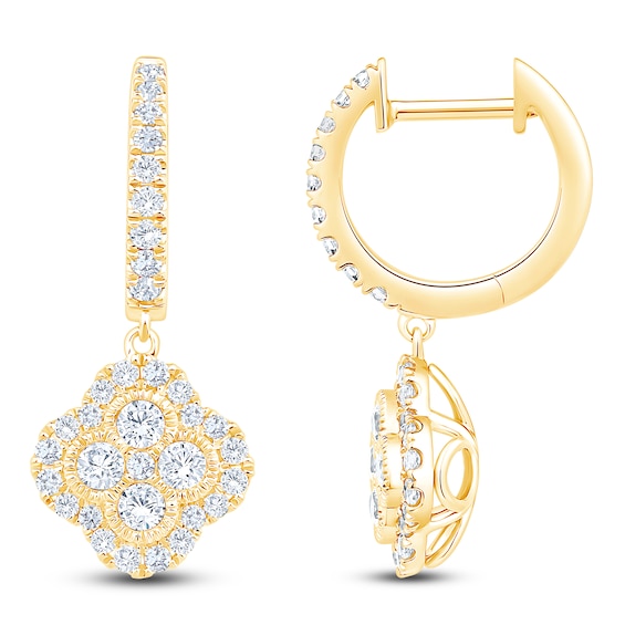 Diamond Clover Dangle Hoop Earrings 1 ct tw 10K Yellow Gold