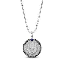 Men's Natural Blue Sapphire & Black Diamond Lion Necklace 1/4 ct tw Sterling Silver 24"
