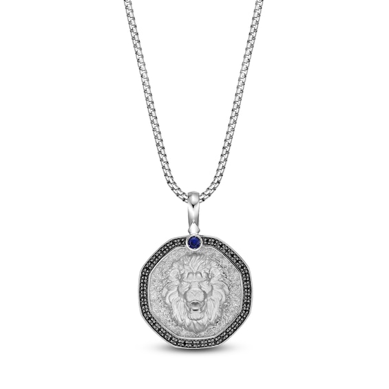 Men's Natural Blue Sapphire & Black Diamond Lion Necklace 1/4 ct tw Sterling Silver 24"