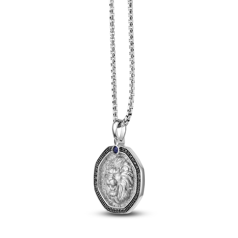 Main Image 2 of Men's Natural Blue Sapphire & Black Diamond Lion Necklace 1/4 ct tw Sterling Silver 24"
