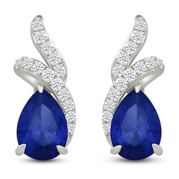 Pear-Shaped Blue Lab-Created Sapphire & White Lab-Created Sapphire Halo Stud Earrings Sterling Silver