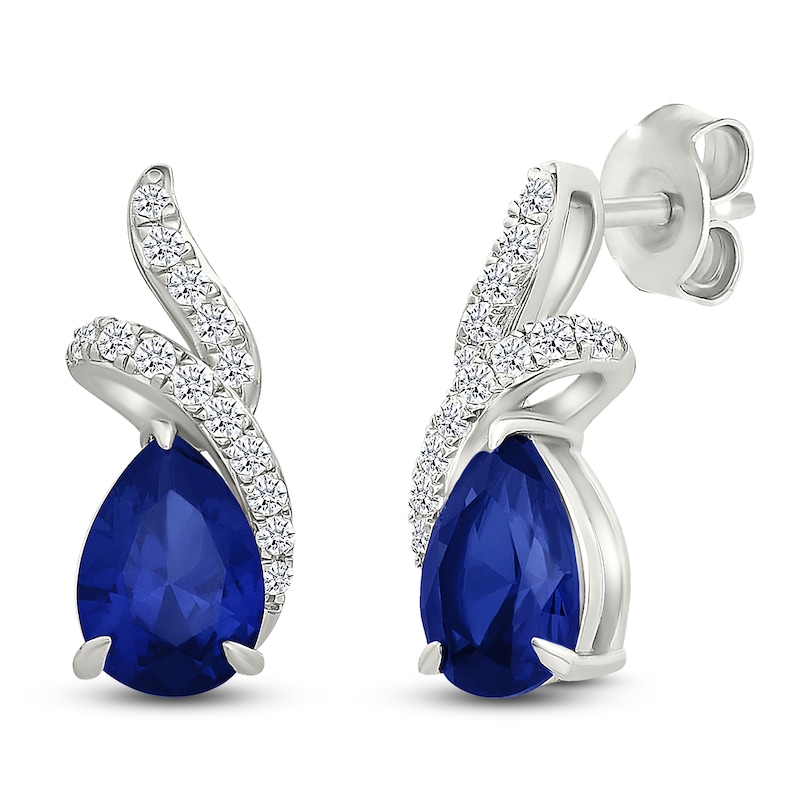 Main Image 2 of Pear-Shaped Blue Lab-Created Sapphire & White Lab-Created Sapphire Halo Stud Earrings Sterling Silver