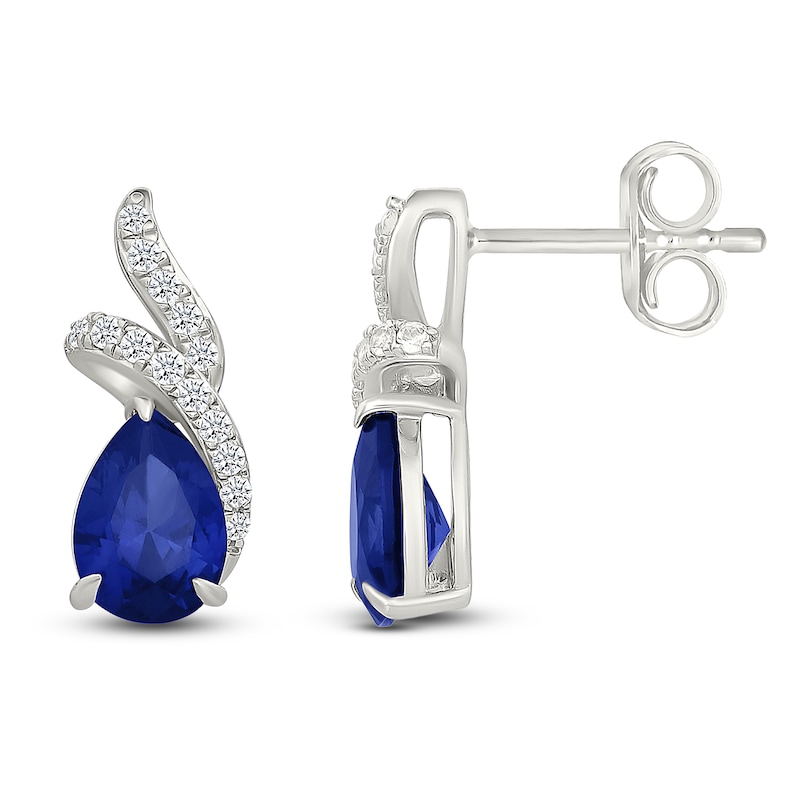 Main Image 3 of Pear-Shaped Blue Lab-Created Sapphire & White Lab-Created Sapphire Halo Stud Earrings Sterling Silver