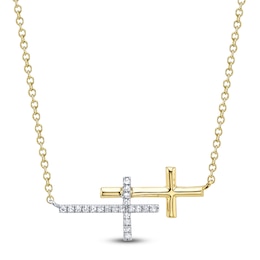 Shy Creation Diamond Double Sideways Cross Necklace 1/20 ct tw 14K Two-Tone Gold 18"