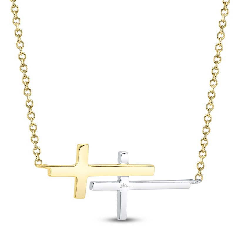 Main Image 3 of Shy Creation Diamond Double Sideways Cross Necklace 1/20 ct tw 14K Two-Tone Gold 18"