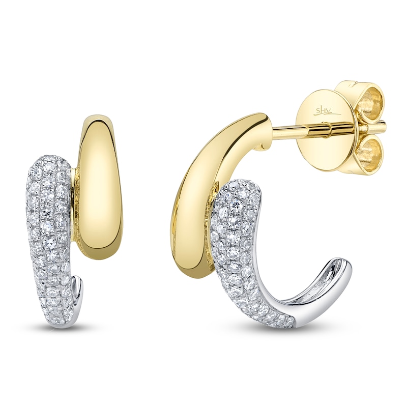 Main Image 2 of Shy Creation Diamond Mini J-Hoop Earrings 1/5 ct tw 14K Two-Tone Gold