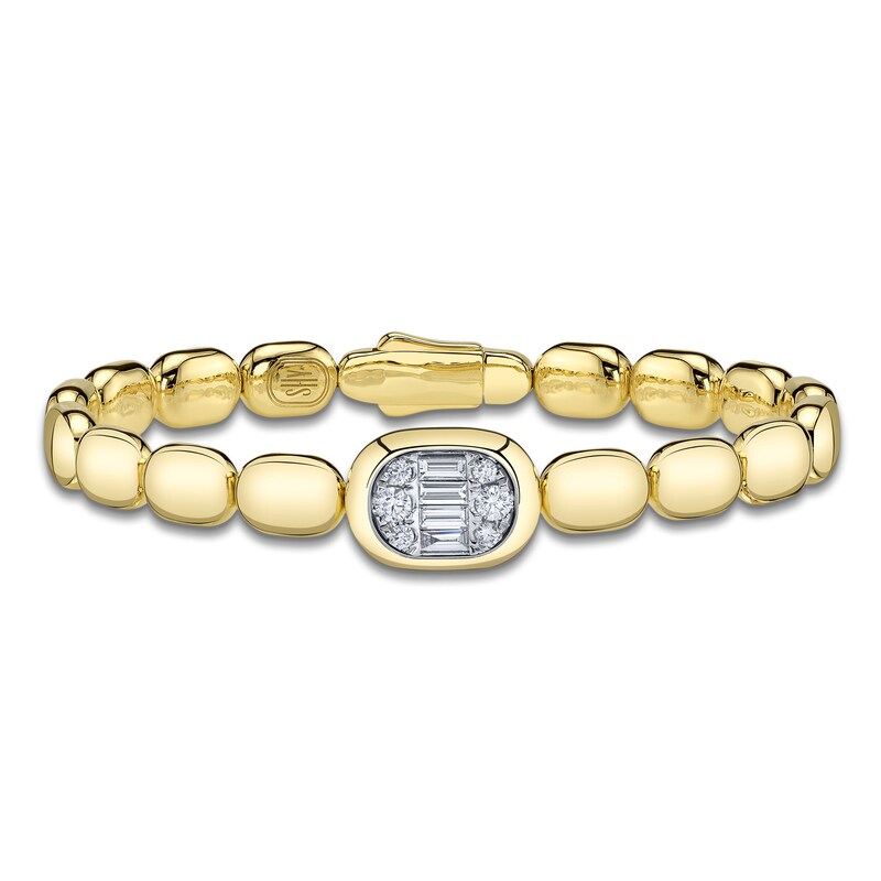 Main Image 1 of Shy Creation Baguette & Round-Cut Multi-Diamond Pillow Link Bangle Bracelet 1/2 ct tw 14K Yellow Gold