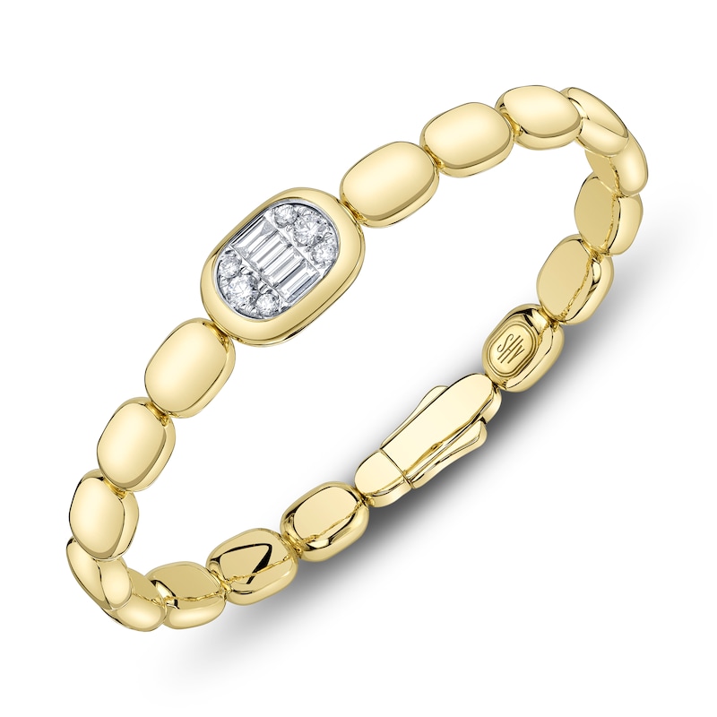 Main Image 2 of Shy Creation Baguette & Round-Cut Multi-Diamond Pillow Link Bangle Bracelet 1/2 ct tw 14K Yellow Gold