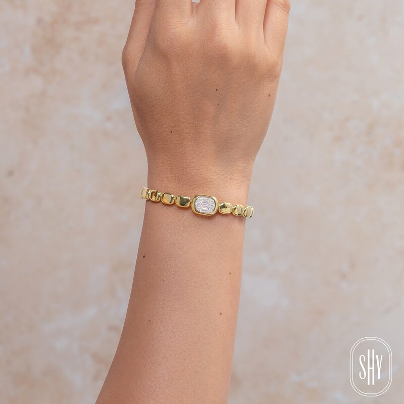 Main Image 4 of Shy Creation Baguette & Round-Cut Multi-Diamond Pillow Link Bangle Bracelet 1/2 ct tw 14K Yellow Gold