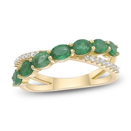 Oval-Cut Natural Emerald & Diamond Crossover Ring 1/10 ct tw 10K Yellow Gold