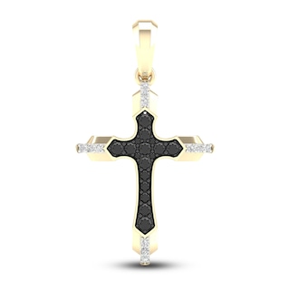 Men's Black/White Diamond Cross Charm 3/4 ct tw Round 10K Yellow Gold