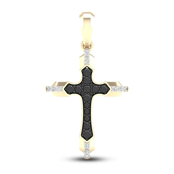 Men's Black/White Diamond Cross Charm 3/4 ct tw Round 10K Yellow Gold