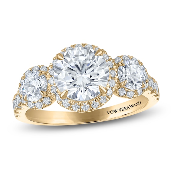 Vera Wang VOW Certified Round-Cut Lab-Grown Diamond Three-Stone Halo Engagement Ring 3 ct tw 14K Yellow Gold