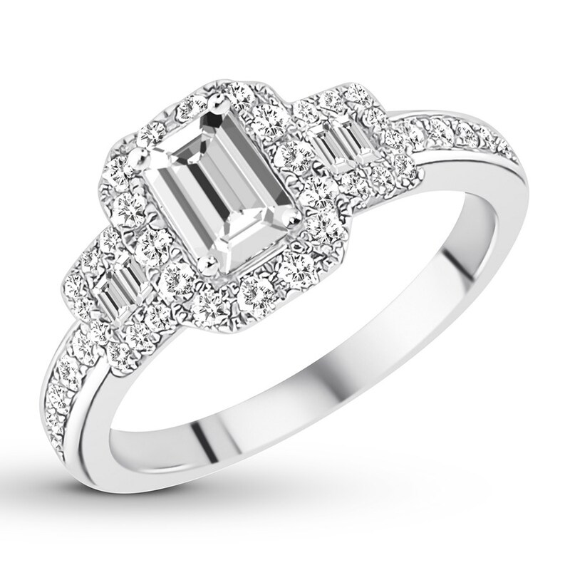 Main Image 4 of Diamond 3-Stone Engagement Ring 7/8 ct tw Emerald 14K White Gold