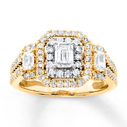Diamond 3-Stone Ring 1-1/2 ct tw Emerald/Round 14K Yellow Gold