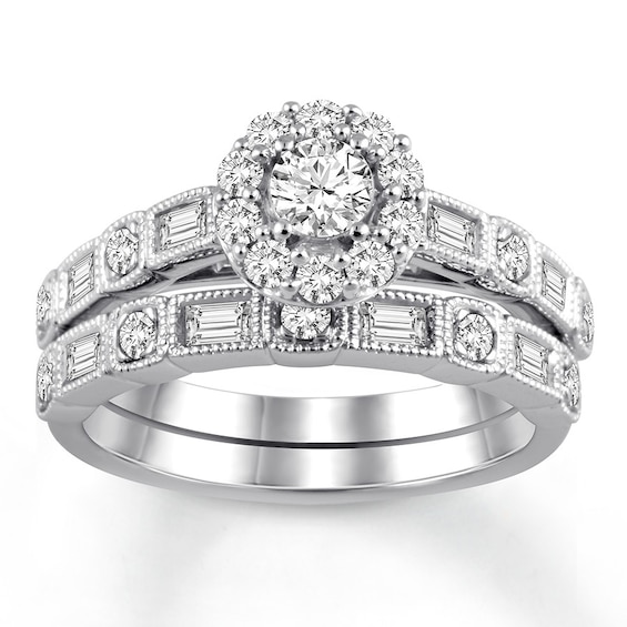 Diamond Bridal Set 1-1/5 ct tw Round/Baguette 14K White Gold | Jared