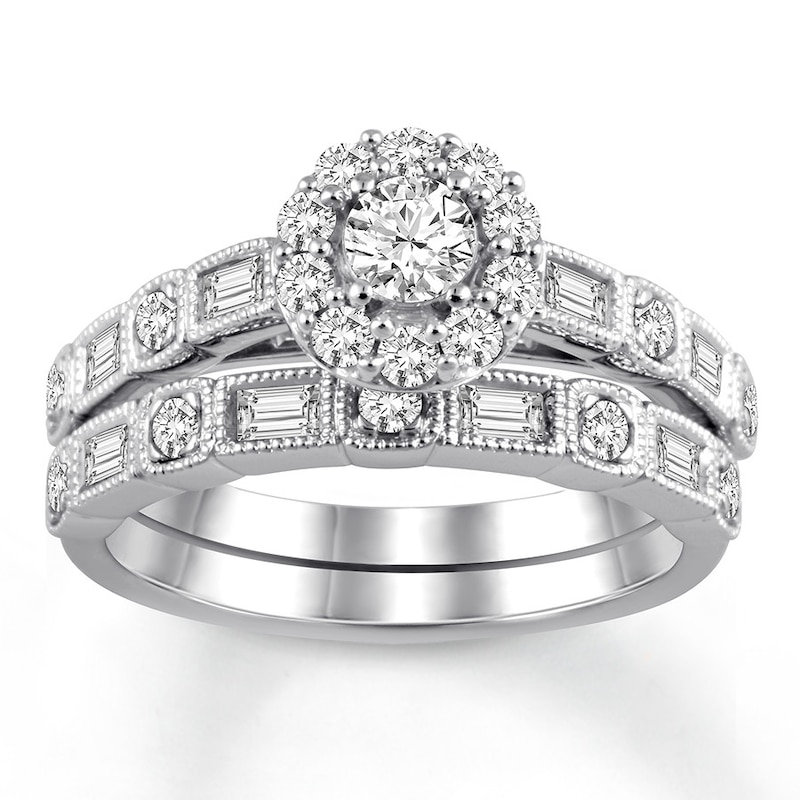 Main Image 1 of Diamond Bridal Set 1-1/5 ct tw Round/Baguette 14K White Gold