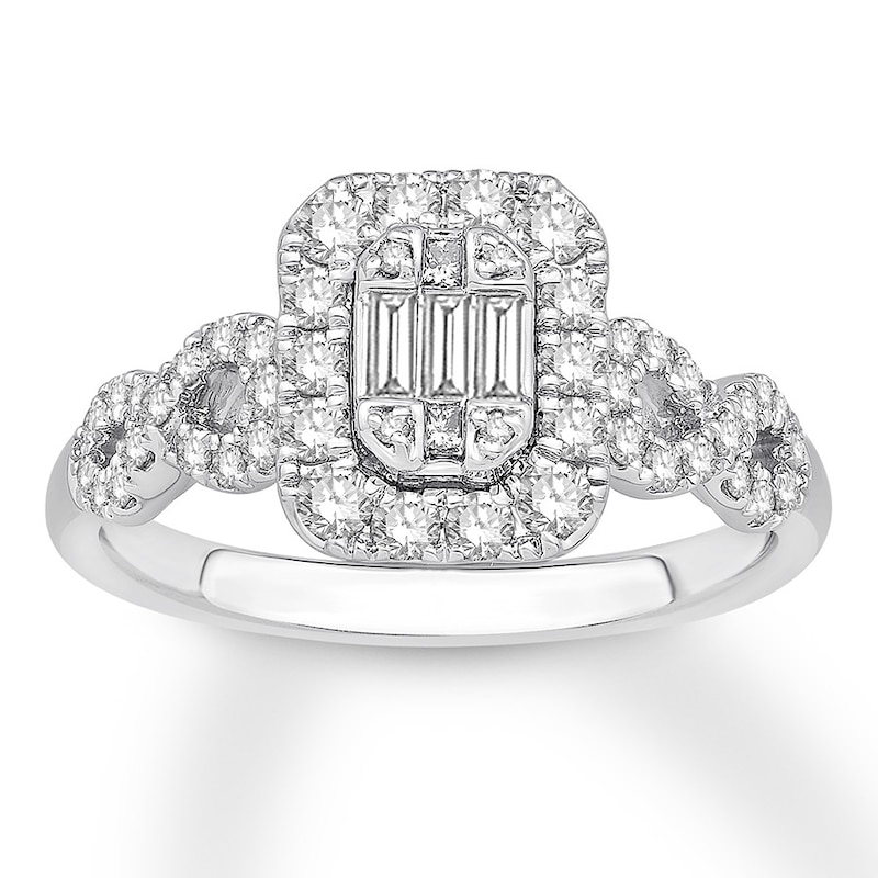 Diamond Engagement Ring 3/4 ct tw Baguette/Round 14K White Gold